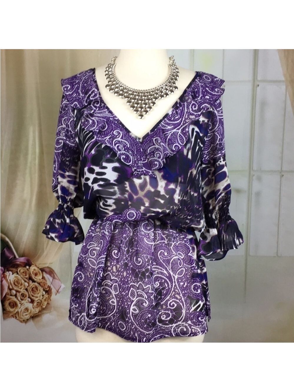 BISOU Bisou Sheer Purple Blouse XS